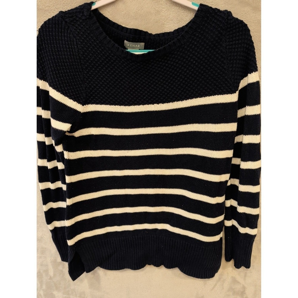 Kenar Women's L Navy White Striped‎ Cotton Knit Sweater Crew Neck